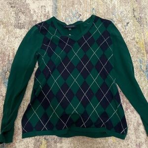 Green Tommy Hilfiger sweater with blue and white plaid